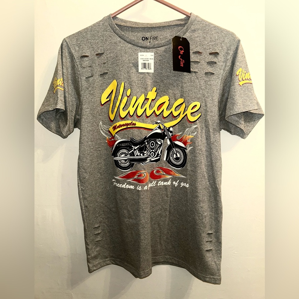 On Fire Gray and Yellow Short Sleeve Tee with Vintage Graphic